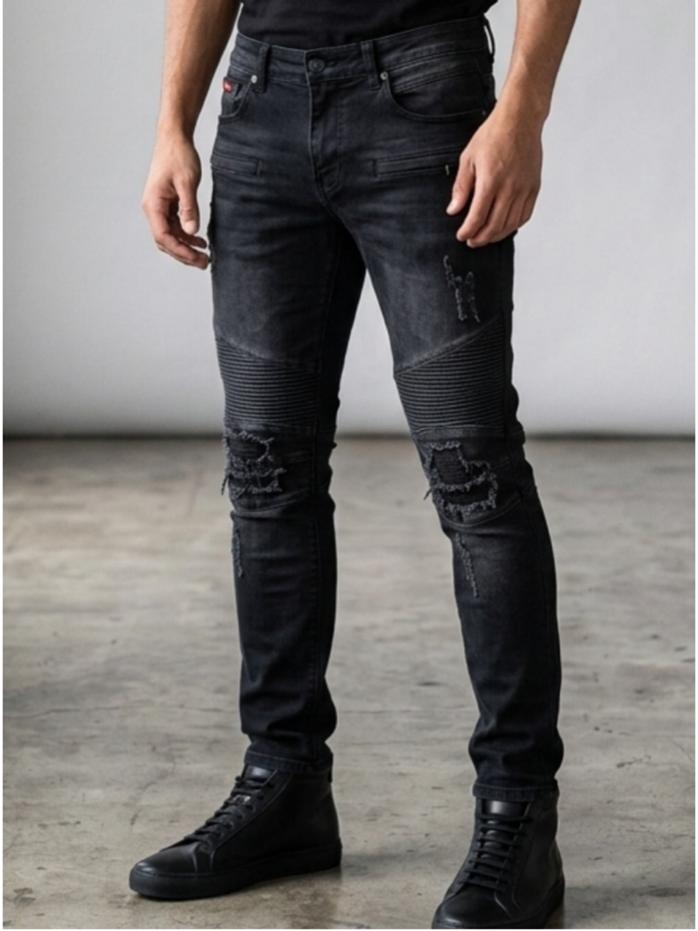 Red Tab Men's Black Distressed Biker Moto Slim Skinny Jeans Ripped Knit 1396